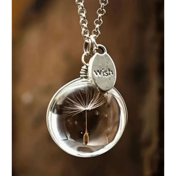Clear Bubble With a Tiny Dandelion & a Carved WISH Charm Necklace - Picture 5 of 5